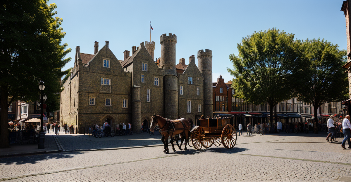 An image featuring Southampton's Bargate in its medieval glory, with cobblestone streets, people in Middle Age attire, timber-framed buildings, horse-drawn carts, and the vibrant city life of that era