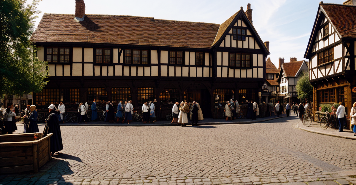 A bustling medieval street scene with the prominent half-timbered Medieval Merchant's House in Southampton, complete with cobblestone roads and people in Middle Ages attire